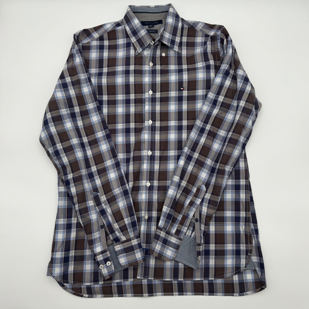 Tommy Hilfiger Mens Custom Fit Plaid Button‎ Down Shirt Brown Blue White M